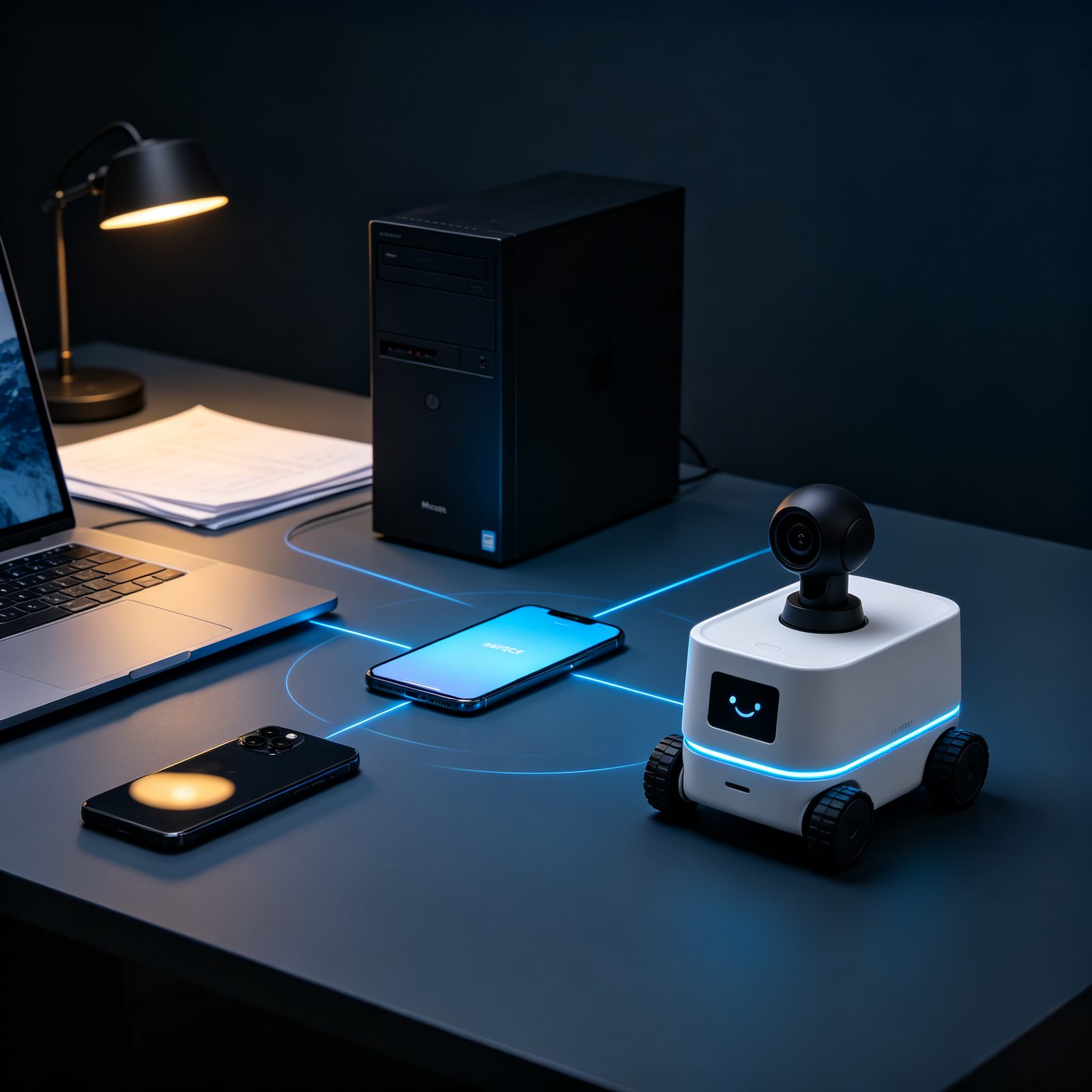 电脑、手机和 Robo 小车围绕同一入口连接